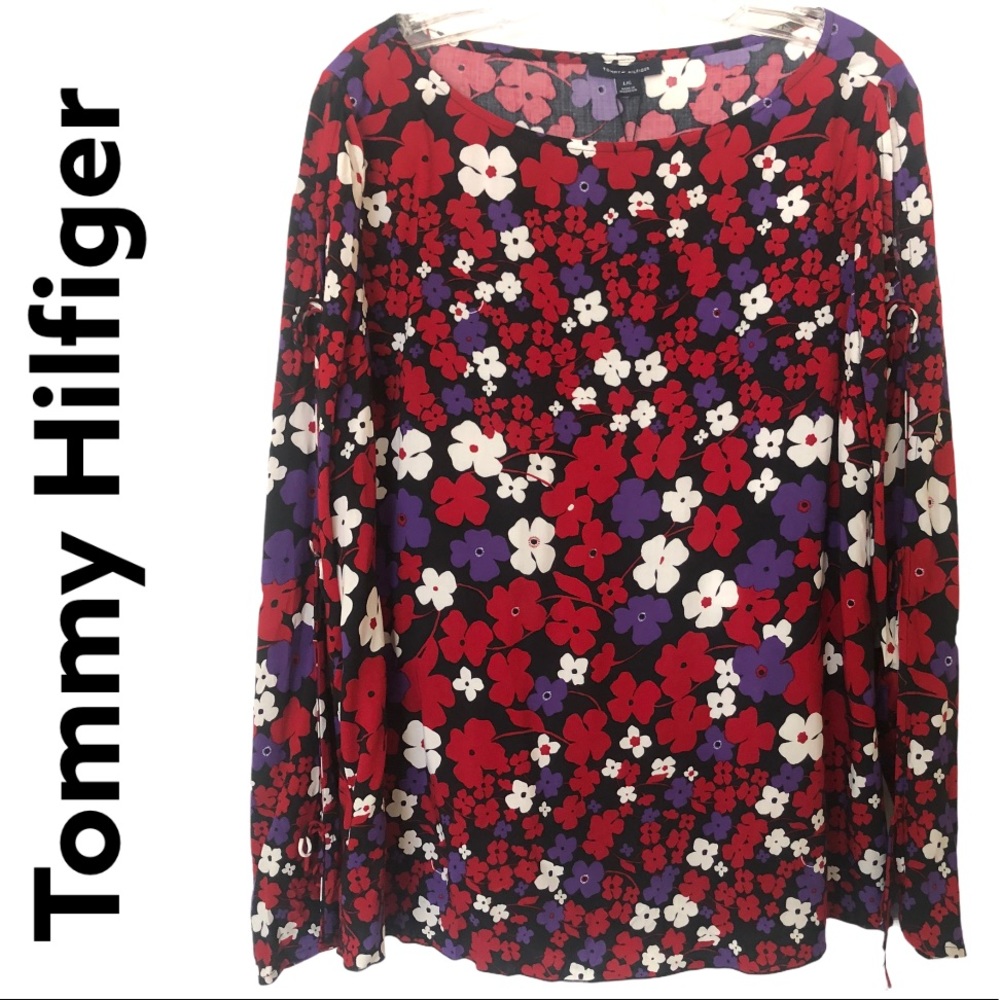 Tommy Hilfiger Red Slit Sleeve Floral Pullover Blouse L NWT